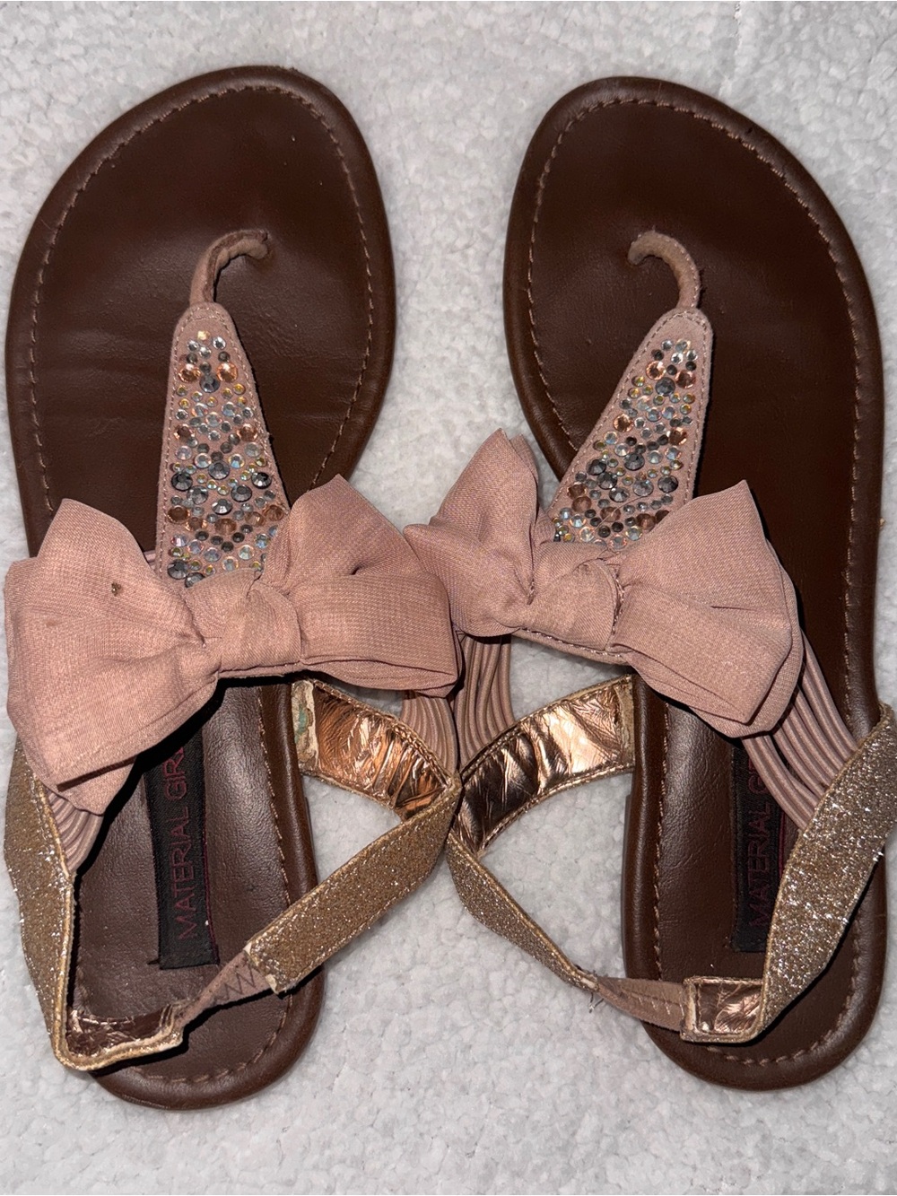 Material Girl Pink and Rose Gold Bow Strap Sandals